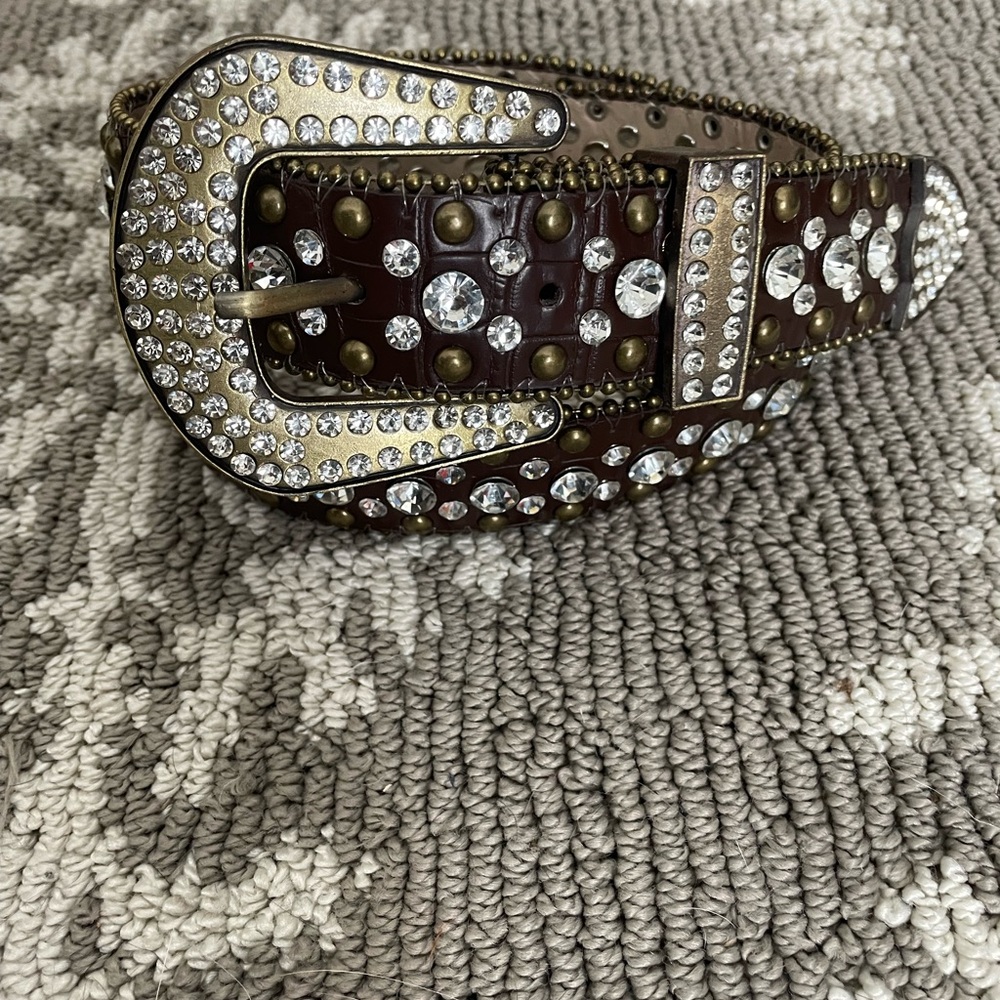 Source Unknown Rhinestone Studded Belt - Brown and Gold